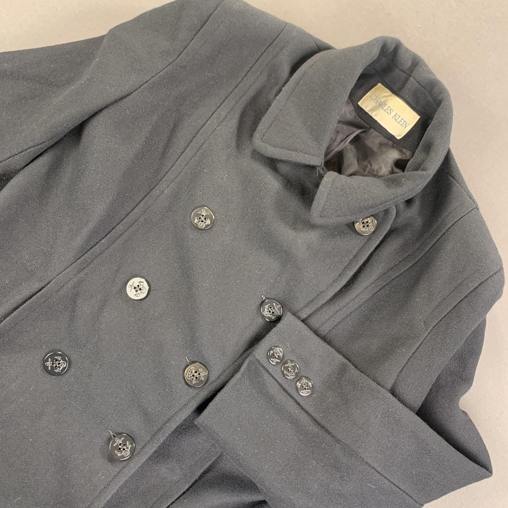 Charles Klein Coat Womens 44 R Black Wool Double Breasted Peacoat Anchor Buttons